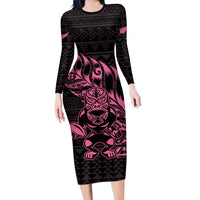 New Zealand Rugby Warrior Custom Long Sleeve Bodycon Dress Pink Fern Taniko Motif LT9 Long Dress Pink - Polynesian Pride