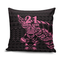 New Zealand Rugby Warrior Custom Pillow Cover Pink Fern Taniko Motif - Polynesian Pride