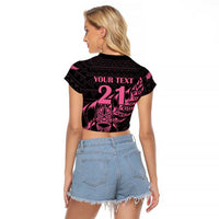 New Zealand Rugby Warrior Custom Raglan Cropped T Shirt Pink Fern Taniko Motif