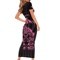 New Zealand Rugby Warrior Custom Short Sleeve Bodycon Dress Pink Fern Taniko Motif LT9 - Polynesian Pride