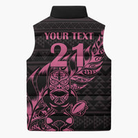 New Zealand Rugby Warrior Custom Sleeveless Puffer Jacket Pink Fern Taniko Motif - Polynesian Pride