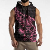 New Zealand Rugby Warrior Custom Sleeveless Zip Hoodie Pink Fern Taniko Motif LT9 - Polynesian Pride