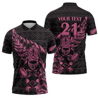 New Zealand Rugby Warrior Custom Zipper Polo Shirt Pink Fern Taniko Motif - Polynesian Pride