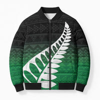 Green Silver Fern Spirit Taniko Tukutuku Personalised Bomber Puffer Jacket - Polynesian Pride