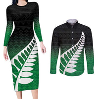 Green Silver Fern Spirit Taniko Tukutuku Personalised Couples Matching Long Sleeve Bodycon Dress and Long Sleeve Button Shirt LT9 Green - Polynesian Pride