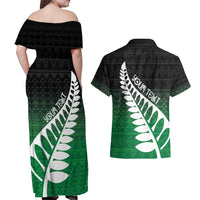 Green Silver Fern Spirit Taniko Tukutuku Personalised Couples Matching Off Shoulder Maxi Dress and Hawaiian Shirt LT9 - Polynesian Pride