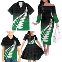 Green Silver Fern Spirit Taniko Tukutuku Personalised Family Matching Off The Shoulder Long Sleeve Dress and Hawaiian Shirt LT9 - Polynesian Pride