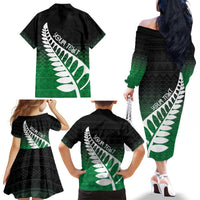 Green Silver Fern Spirit Taniko Tukutuku Personalised Family Matching Off The Shoulder Long Sleeve Dress and Hawaiian Shirt LT9 - Polynesian Pride
