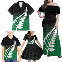 Green Silver Fern Spirit Taniko Tukutuku Personalised Family Matching Off Shoulder Maxi Dress and Hawaiian Shirt LT9 - Polynesian Pride