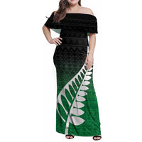 Green Silver Fern Spirit Taniko Tukutuku Personalised Family Matching Off Shoulder Maxi Dress and Hawaiian Shirt LT9 Mom's Dress Green - Polynesian Pride