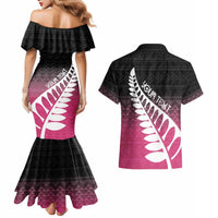 Pink Silver Fern Spirit Taniko Tukutuku Personalised Couples Matching Mermaid Dress and Hawaiian Shirt LT9 - Polynesian Pride