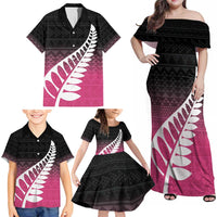 Pink Silver Fern Spirit Taniko Tukutuku Personalised Family Matching Off Shoulder Maxi Dress and Hawaiian Shirt LT9 - Polynesian Pride