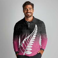 Pink Silver Fern Spirit Taniko Tukutuku Personalised Long Sleeve Polo Shirt