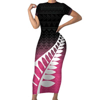 Pink Silver Fern Spirit Taniko Tukutuku Personalised Short Sleeve Bodycon Dress LT9 Long Dress Pink - Polynesian Pride