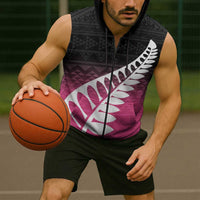 Pink Silver Fern Spirit Taniko Tukutuku Personalised Sleeveless Zip Hoodie - Polynesian Pride