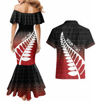 Red Silver Fern Spirit Taniko Tukutuku Personalised Couples Matching Mermaid Dress and Hawaiian Shirt LT9 - Polynesian Pride