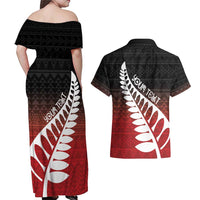 Red Silver Fern Spirit Taniko Tukutuku Personalised Couples Matching Off Shoulder Maxi Dress and Hawaiian Shirt LT9 - Polynesian Pride