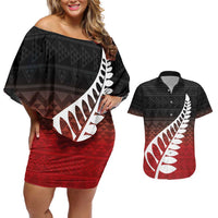 Red Silver Fern Spirit Taniko Tukutuku Personalised Couples Matching Off Shoulder Short Dress and Hawaiian Shirt LT9 Red - Polynesian Pride