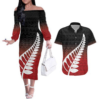 Red Silver Fern Spirit Taniko Tukutuku Personalised Couples Matching Off The Shoulder Long Sleeve Dress and Hawaiian Shirt LT9 Red - Polynesian Pride