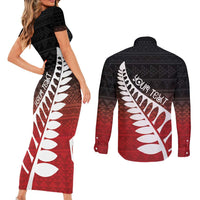 Red Silver Fern Spirit Taniko Tukutuku Personalised Couples Matching Short Sleeve Bodycon Dress and Long Sleeve Button Shirt LT9 - Polynesian Pride