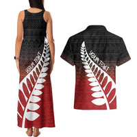 Red Silver Fern Spirit Taniko Tukutuku Personalised Couples Matching Tank Maxi Dress and Hawaiian Shirt LT9 - Polynesian Pride