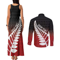 Red Silver Fern Spirit Taniko Tukutuku Personalised Couples Matching Tank Maxi Dress and Long Sleeve Button Shirt