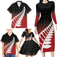 Red Silver Fern Spirit Taniko Tukutuku Personalised Family Matching Long Sleeve Bodycon Dress and Hawaiian Shirt LT9 - Polynesian Pride