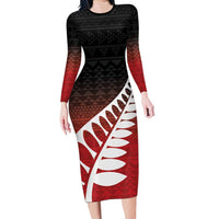Red Silver Fern Spirit Taniko Tukutuku Personalised Family Matching Long Sleeve Bodycon Dress and Hawaiian Shirt LT9 Mom's Dress Red - Polynesian Pride