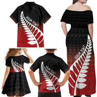 Red Silver Fern Spirit Taniko Tukutuku Personalised Family Matching Off Shoulder Maxi Dress and Hawaiian Shirt LT9 - Polynesian Pride