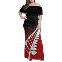 Red Silver Fern Spirit Taniko Tukutuku Personalised Family Matching Off Shoulder Maxi Dress and Hawaiian Shirt LT9 Mom's Dress Red - Polynesian Pride