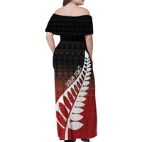 Red Silver Fern Spirit Taniko Tukutuku Personalised Family Matching Off Shoulder Maxi Dress and Hawaiian Shirt LT9 - Polynesian Pride