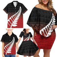 Red Silver Fern Spirit Taniko Tukutuku Personalised Family Matching Off Shoulder Short Dress and Hawaiian Shirt LT9 - Polynesian Pride