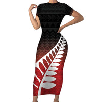Red Silver Fern Spirit Taniko Tukutuku Personalised Family Matching Short Sleeve Bodycon Dress and Hawaiian Shirt LT9 Mom's Dress Red - Polynesian Pride