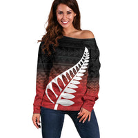 Red Silver Fern Spirit Taniko Tukutuku Personalised Off Shoulder Sweater LT9 Women Red - Polynesian Pride