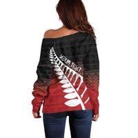 Red Silver Fern Spirit Taniko Tukutuku Personalised Off Shoulder Sweater LT9 - Polynesian Pride