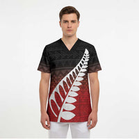 Red Silver Fern Spirit Taniko Tukutuku Personalised Scrub Top - Polynesian Pride