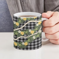 Aloha Puakenikeni Anthurium Pikake Lei Ceramic Mug Black Hawaiian Palaka Pattern