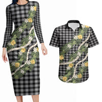 Aloha Puakenikeni Anthurium Pikake Lei Couples Matching Long Sleeve Bodycon Dress and Hawaiian Shirt Black Hawaiian Palaka Pattern LT9 Black - Polynesian Pride