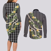 Aloha Puakenikeni Anthurium Pikake Lei Couples Matching Long Sleeve Bodycon Dress and Long Sleeve Button Shirt Black Hawaiian Palaka Pattern