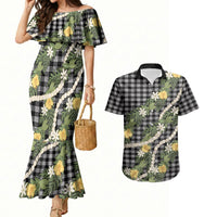 Aloha Puakenikeni Anthurium Pikake Lei Couples Matching Mermaid Dress and Hawaiian Shirt Black Hawaiian Palaka Pattern LT9 Black - Polynesian Pride