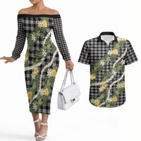 Aloha Puakenikeni Anthurium Pikake Lei Couples Matching Off The Shoulder Long Sleeve Dress and Hawaiian Shirt Black Hawaiian Palaka Pattern LT9 Black - Polynesian Pride