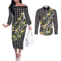 Aloha Puakenikeni Anthurium Pikake Lei Couples Matching Off The Shoulder Long Sleeve Dress and Long Sleeve Button Shirt Black Hawaiian Palaka Pattern LT9 Black - Polynesian Pride
