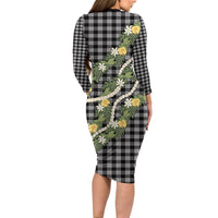 Aloha Puakenikeni Anthurium Pikake Lei Family Matching Long Sleeve Bodycon Dress and Hawaiian Shirt Black Hawaiian Palaka Pattern LT9 - Polynesian Pride