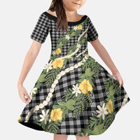 Aloha Puakenikeni Anthurium Pikake Lei Family Matching Off Shoulder Maxi Dress and Hawaiian Shirt Black Hawaiian Palaka Pattern LT9 Daughter's Dress Black - Polynesian Pride