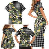 Aloha Puakenikeni Anthurium Pikake Lei Family Matching Short Sleeve Bodycon Dress and Hawaiian Shirt Black Hawaiian Palaka Pattern LT9 - Polynesian Pride