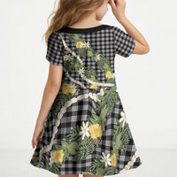 Aloha Puakenikeni Anthurium Pikake Lei Kid Short Sleeve Dress Black Hawaiian Palaka Pattern LT9 - Polynesian Pride