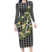 Aloha Puakenikeni Anthurium Pikake Lei Long Sleeve Bodycon Dress Black Hawaiian Palaka Pattern LT9 Long Dress Black - Polynesian Pride