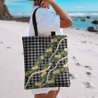 Aloha Puakenikeni Anthurium Pikake Lei Tote Bag Black Hawaiian Palaka Pattern