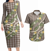 Aloha Puakenikeni Anthurium Pikake Lei Couples Matching Long Sleeve Bodycon Dress and Hawaiian Shirt Chocolate Hawaiian Palaka Pattern LT9 Chocolate - Polynesian Pride