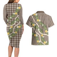 Aloha Puakenikeni Anthurium Pikake Lei Couples Matching Long Sleeve Bodycon Dress and Hawaiian Shirt Chocolate Hawaiian Palaka Pattern LT9 - Polynesian Pride